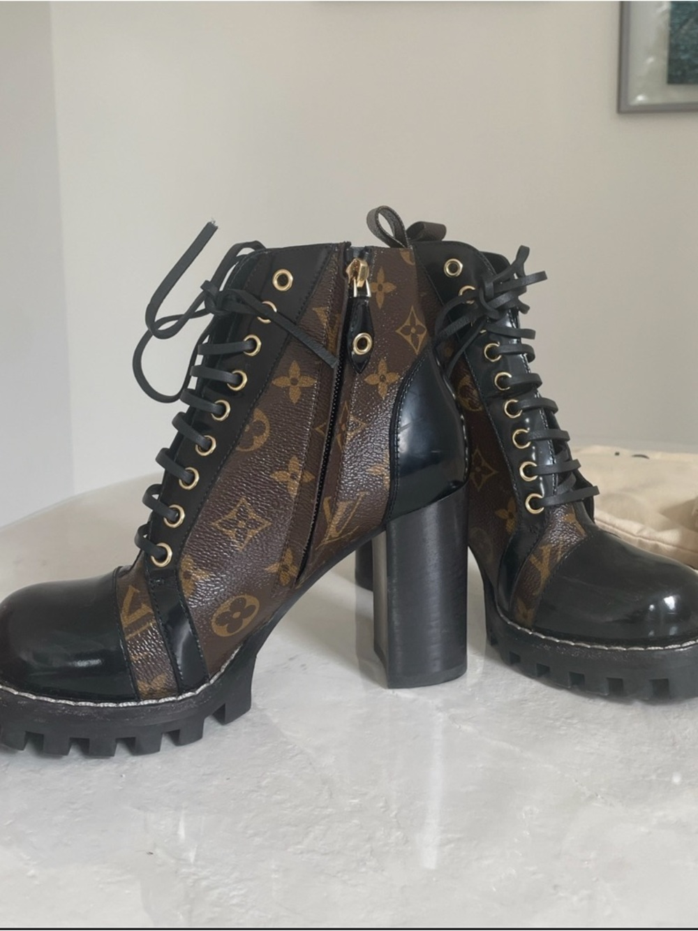 Louis Vuitton Brown Monogram Lace-Up Lug Heel Ankle Boots